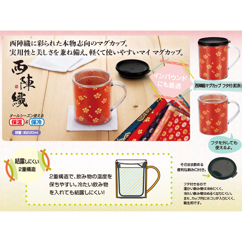 西陣織マグカップ　フタ付（紅赤）　商品詳細
